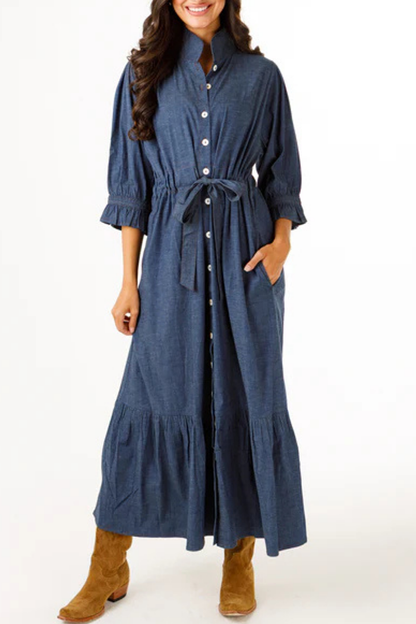 Κλειώ – Midi φόρεμα denim με φαρδιά φούστα