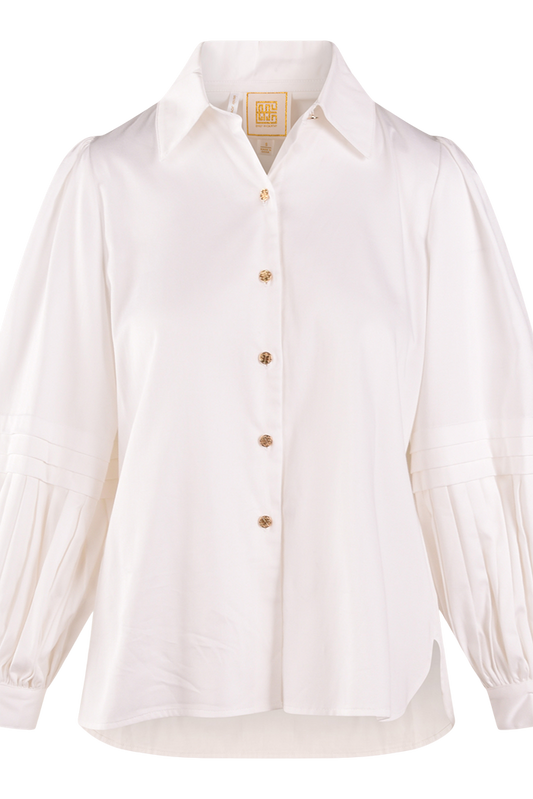 Αθηνά – Λευκή μπλούζα με χρυσά κουμπιά και πιέτες στα μανίκια