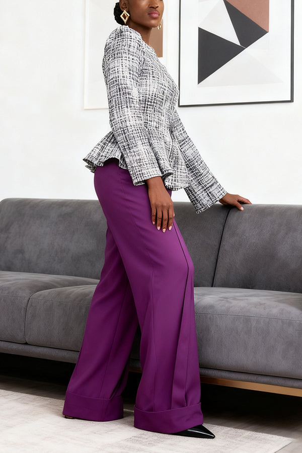 Stylish Tweed Peplum Top & Wide-Leg Pants
