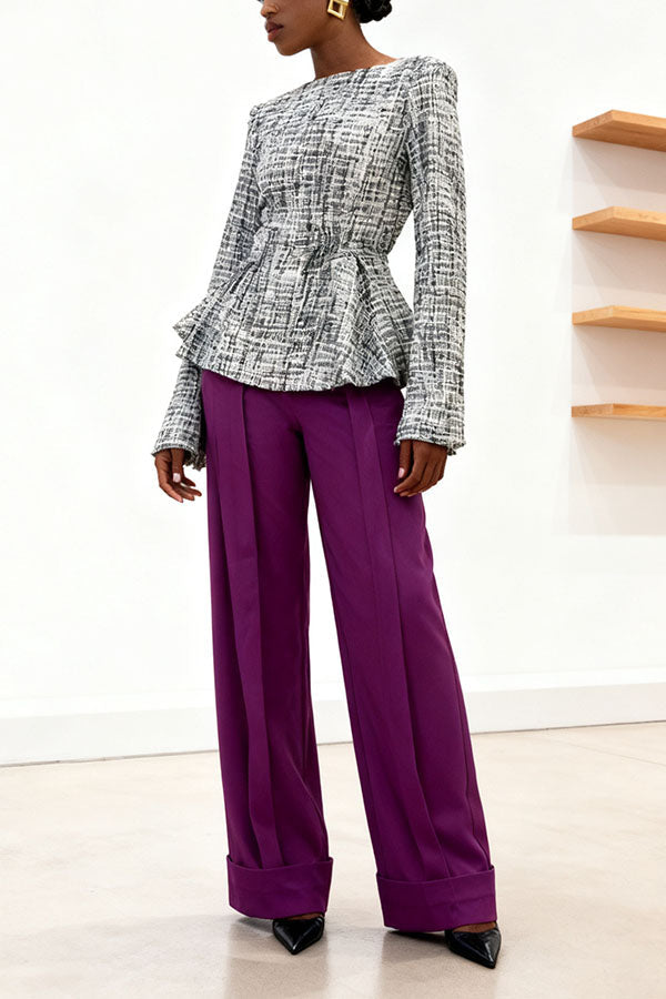 Stylish Tweed Peplum Top & Wide-Leg Pants