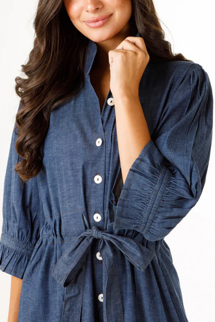 Κλειώ – Midi φόρεμα denim με φαρδιά φούστα