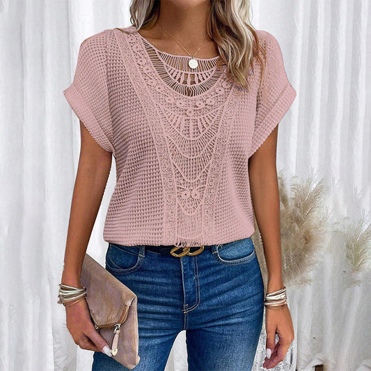 Μαρίνα – Πλεκτή μπλούζα με δαντελένια λεπτομέρεια στο ντεκολτέ